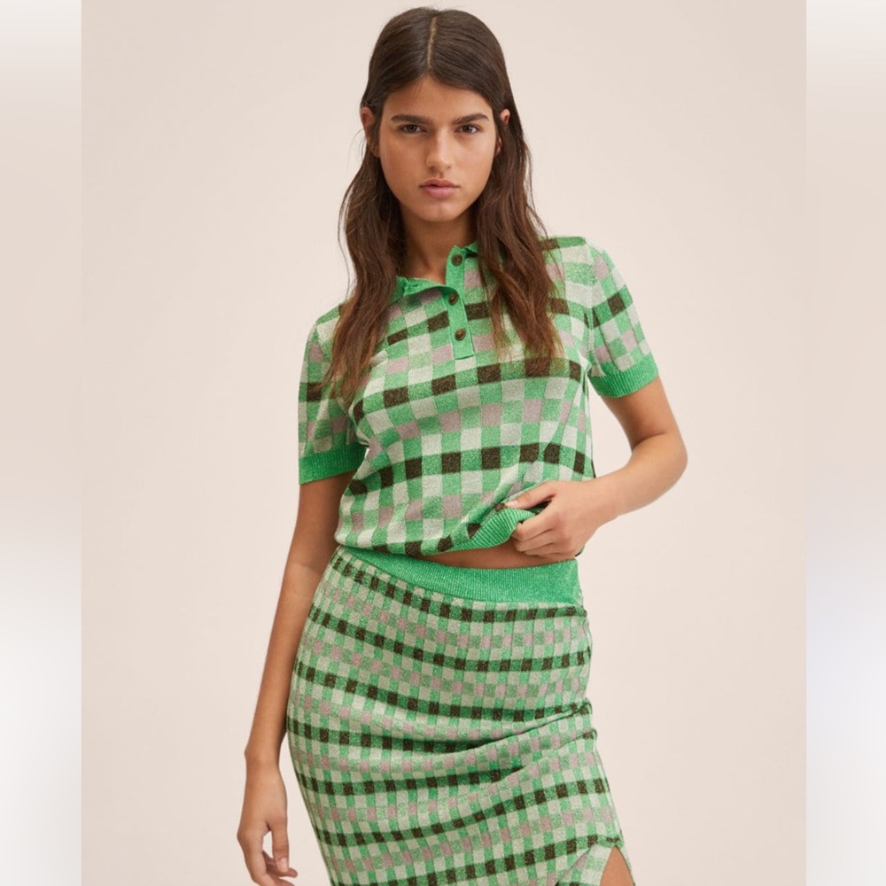 Mango Green and Black Metallic Checkered Button Top
